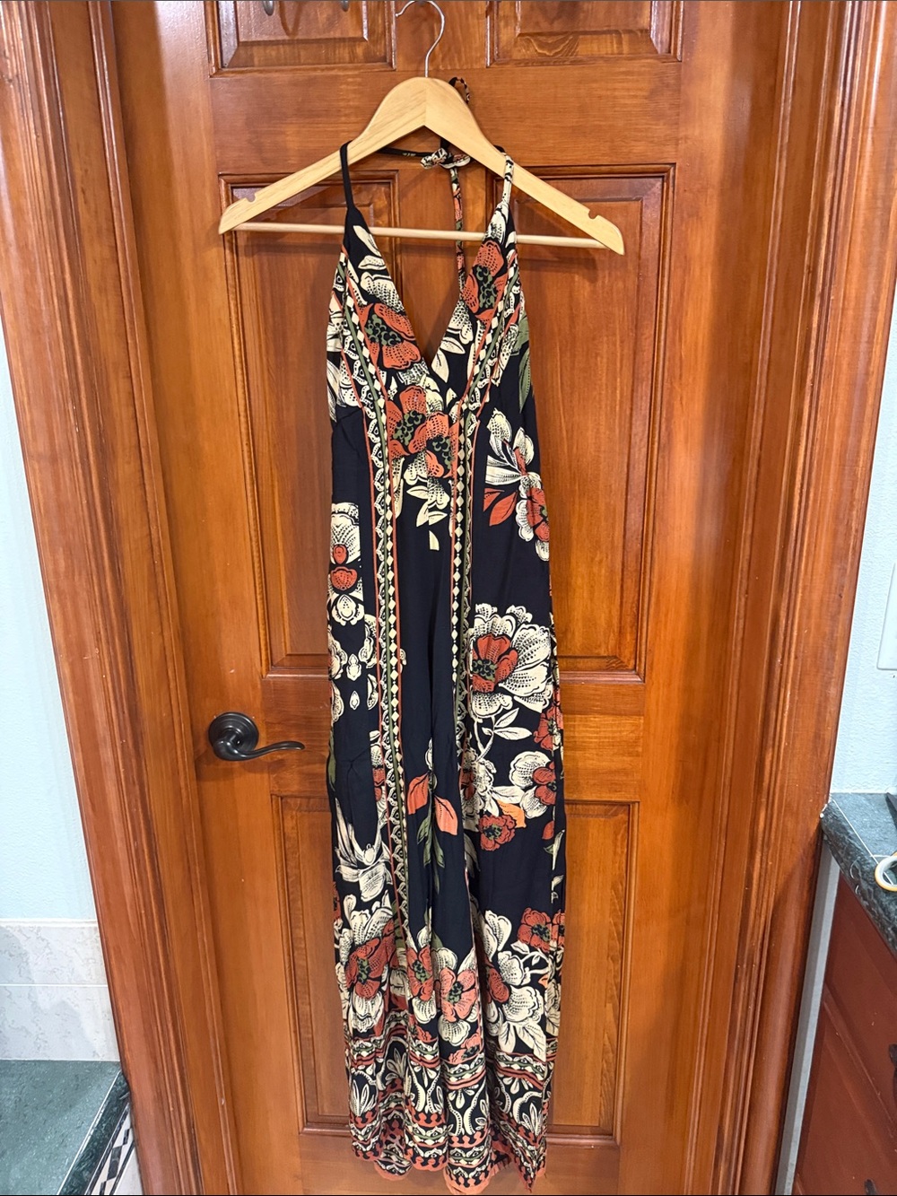 Floral V-Neck Halter Maxi jumpsuit  in Black and Rust